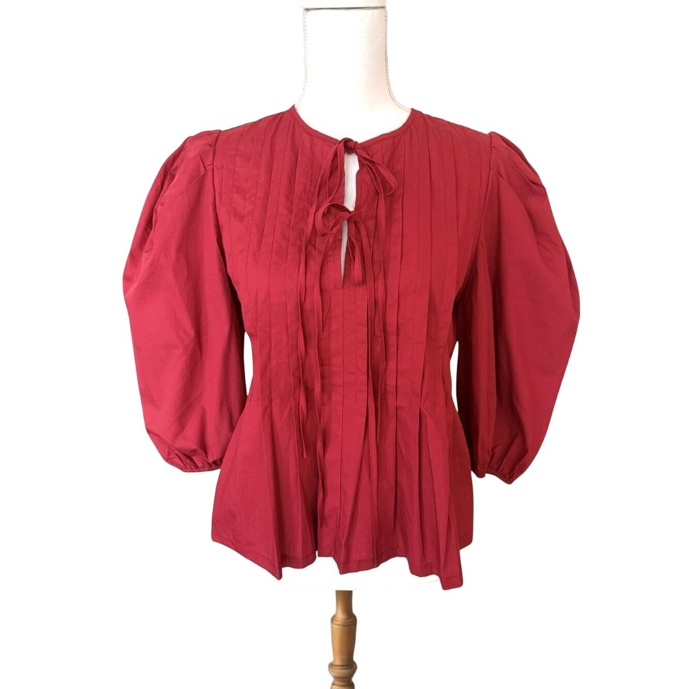 Pinch Crimson Red Pintuck Tie-Front Boho Peasant Top Women Small NWT